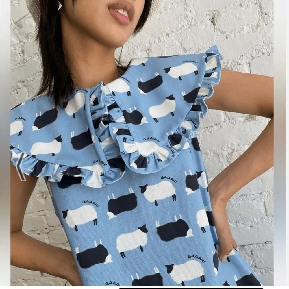 NEW LISA SAYS GAH Stevie Blue Novelty Counting Sheep Print Denim Midi Dress XS - Picture 5 of 17